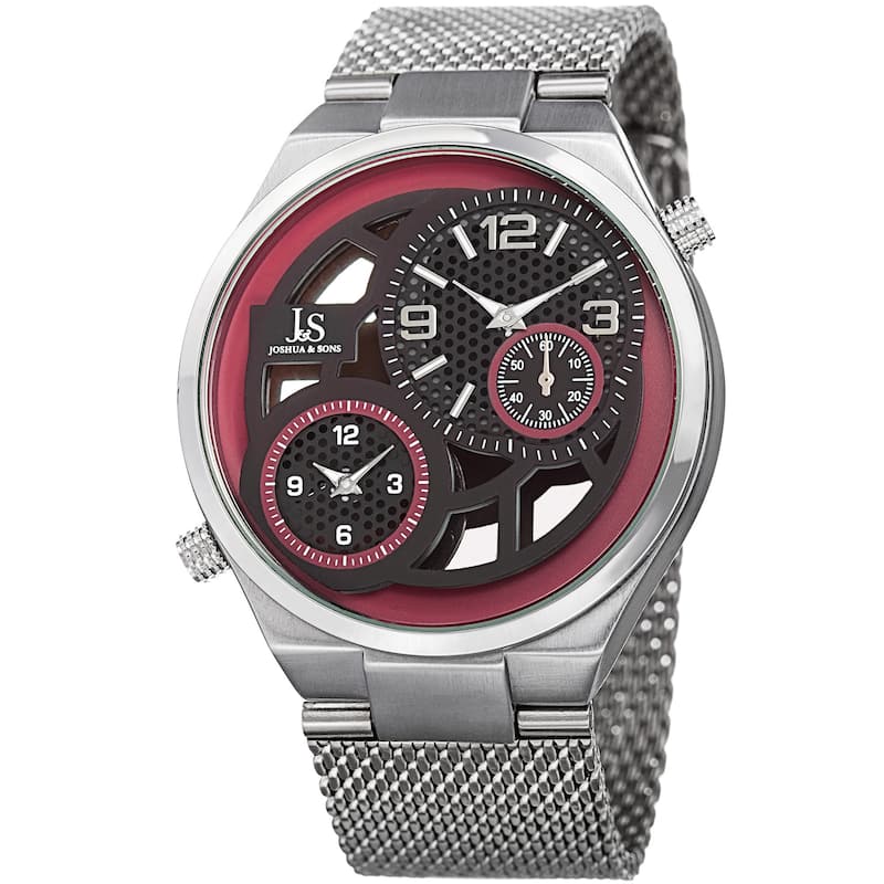 Joshua & Sons Men's Multifunction Stainless Steel Mesh Quartz Red Bracelet Watch