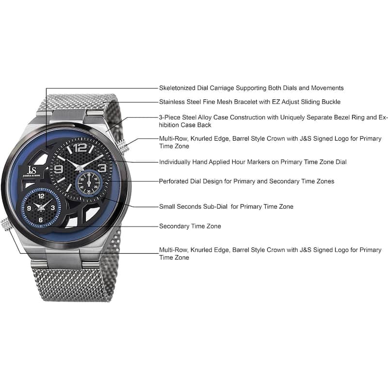 Joshua & Sons Men's Multifunction Stainless Steel Mesh Quartz Silver-Tone Bracelet Watch - Blue