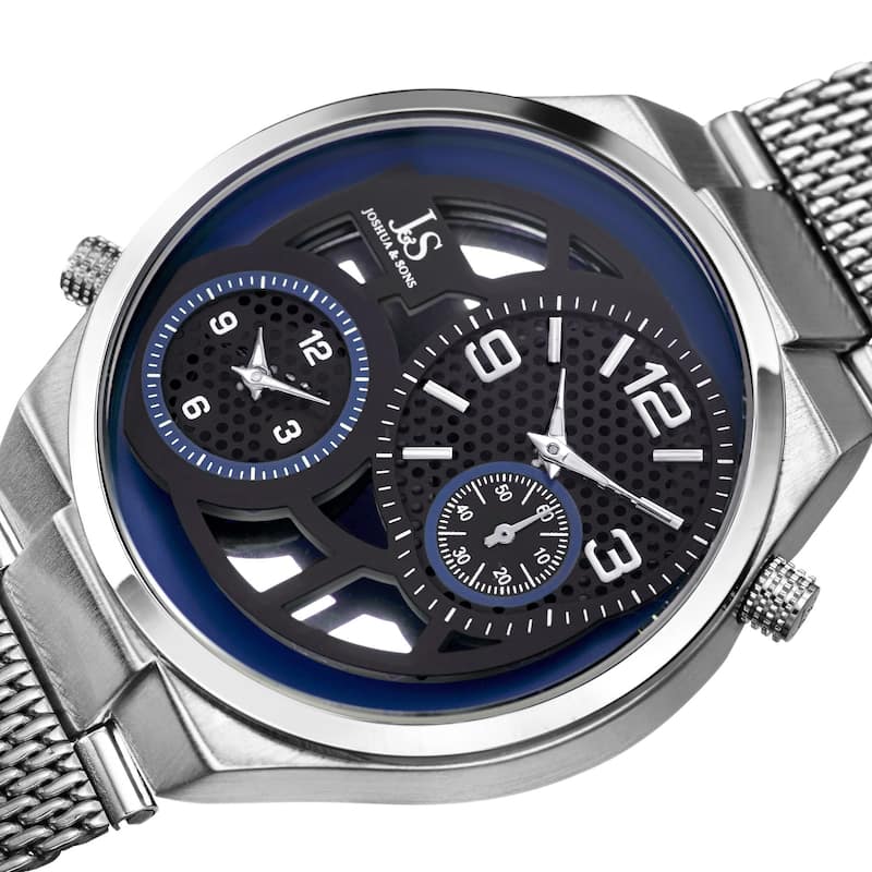 Joshua & Sons Men's Multifunction Stainless Steel Mesh Quartz Silver-Tone Bracelet Watch - Blue
