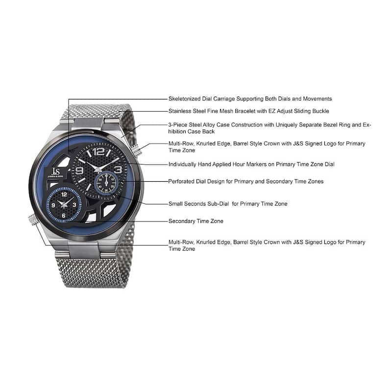 Joshua & Sons Men's Multifunction Stainless Steel Mesh Quartz Silver-Tone Bracelet Watch - Blue