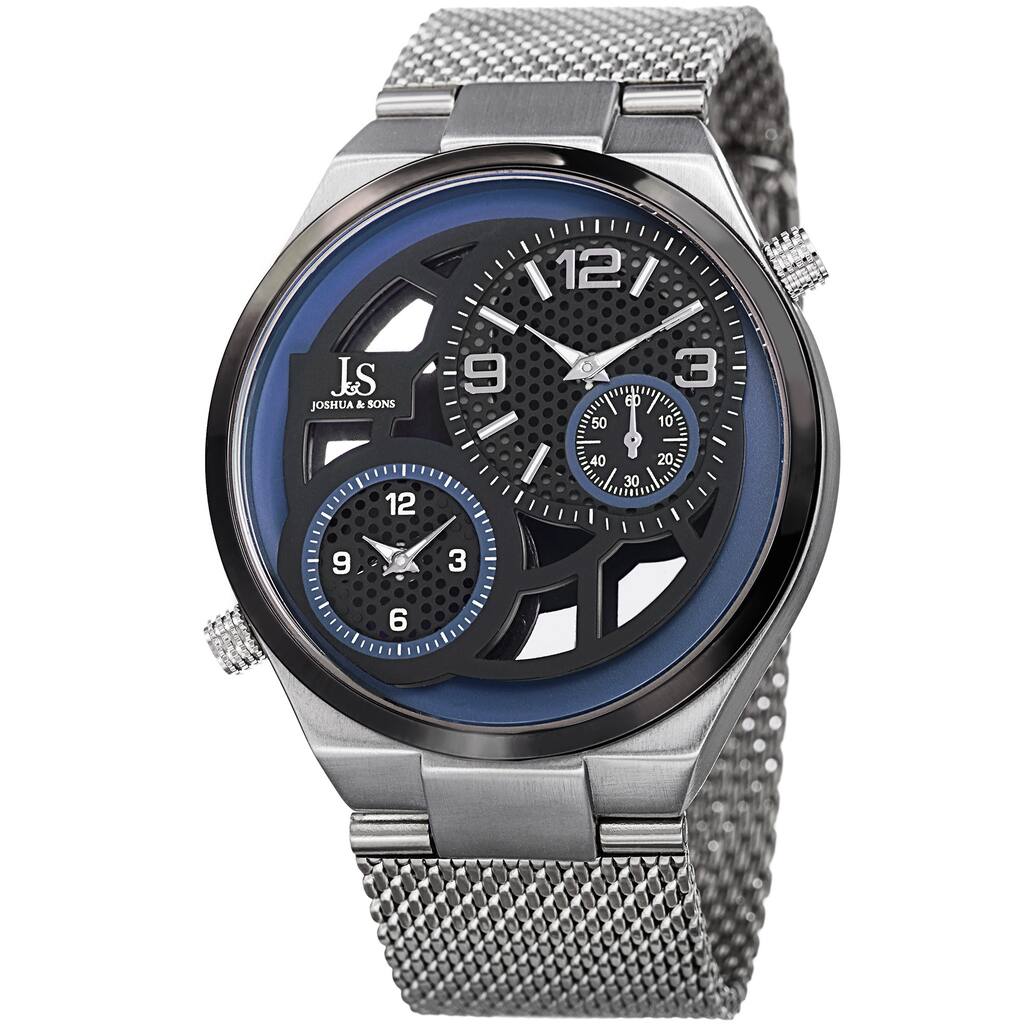 Joshua & Sons Men's Multifunction Stainless Steel Mesh Quartz Silver-Tone Bracelet Watch - Blue