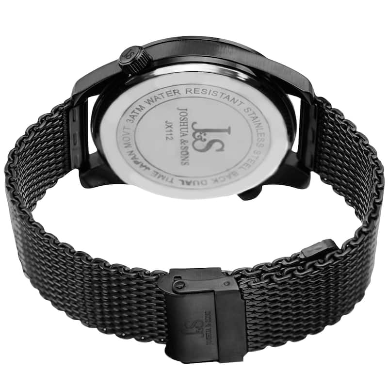 Joshua & Sons Men's Quartz Multifunction Dual Time Stainless Steel Mesh Black Bracelet Watch