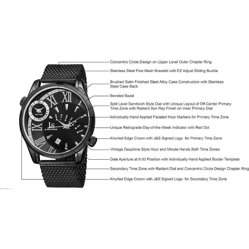 Joshua & Sons Men's Quartz Multifunction Dual Time Stainless Steel Mesh Black Bracelet Watch