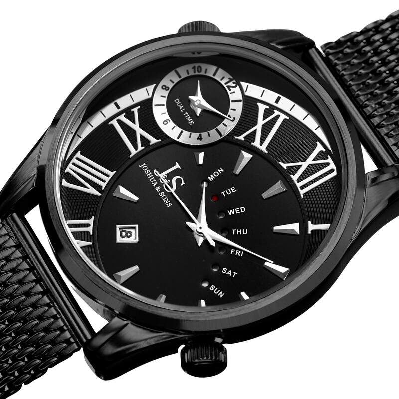 Joshua & Sons Men's Quartz Multifunction Dual Time Stainless Steel Mesh Black Bracelet Watch