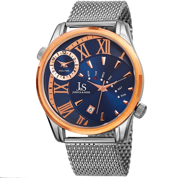 Joshua & Sons Men's Quartz Multifunction Dual Time Stainless Steel Mesh Rose-Tone Bracelet Watch - Blue