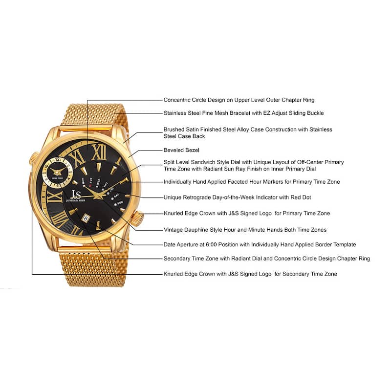 Joshua & Sons Men's Quartz Multifunction Dual Time Stainless Steel Mesh Bracelet Watch - Gold