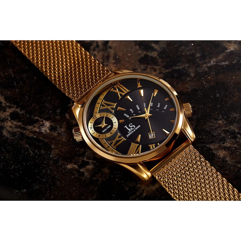 Joshua & Sons Men's Quartz Multifunction Dual Time Stainless Steel Mesh Bracelet Watch - Gold