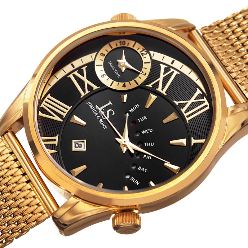 Joshua & Sons Men's Quartz Multifunction Dual Time Stainless Steel Mesh Bracelet Watch - Gold