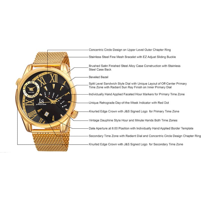 Joshua & Sons Men's Quartz Multifunction Dual Time Stainless Steel Mesh Bracelet Watch - Gold