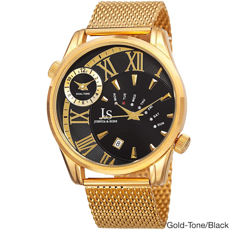 Joshua & Sons Men's Quartz Multifunction Dual Time Stainless Steel Mesh Bracelet Watch - Gold - Gold-tone/Black