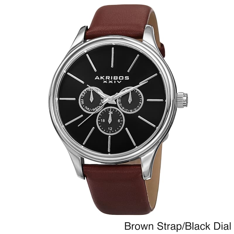 Akribos XXIV Men's Japanese Quartz Multifunction Leather Strap Watch - Casual/Fashion - Brown strap/black dial