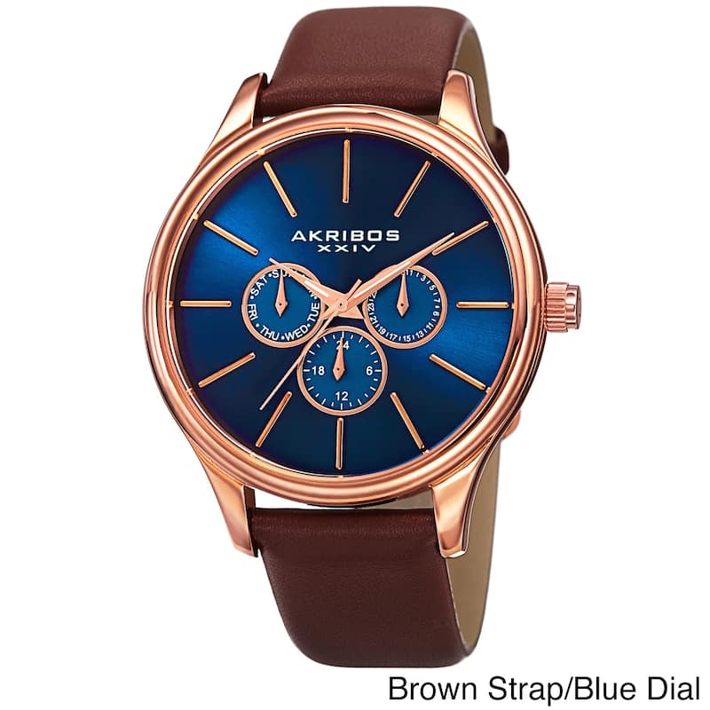 Akribos XXIV Men's Japanese Quartz Multifunction Leather Strap Watch - Luxury/Fashion - Brown Strap / Blue Dial