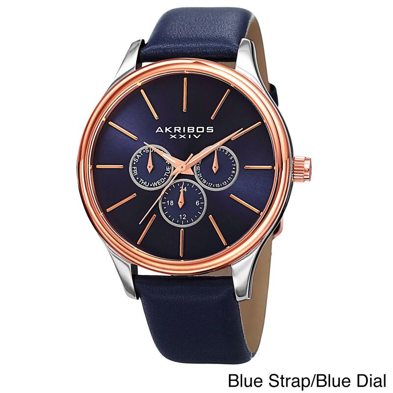 Akribos XXIV Men's Japanese Quartz Multifunction Leather Strap Watch - Casual/Fashion - Blue Strap / Blue Dial