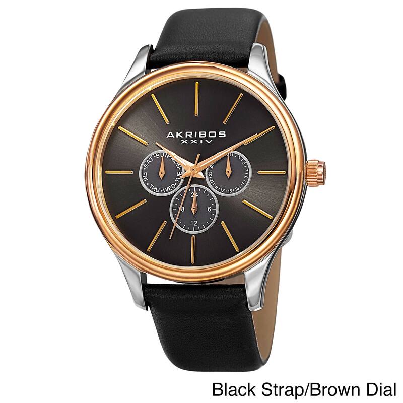 Akribos XXIV Men's Japanese Quartz Multifunction Leather Strap Watch - Casual/Fashion - Black strap/brown dial