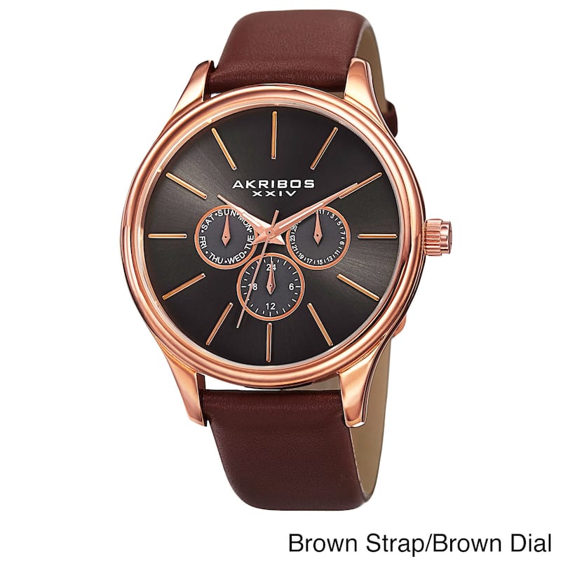 Akribos XXIV Men's Japanese Quartz Multifunction Leather Strap Watch - Casual/Fashion - Brown Strap/Brown Dial