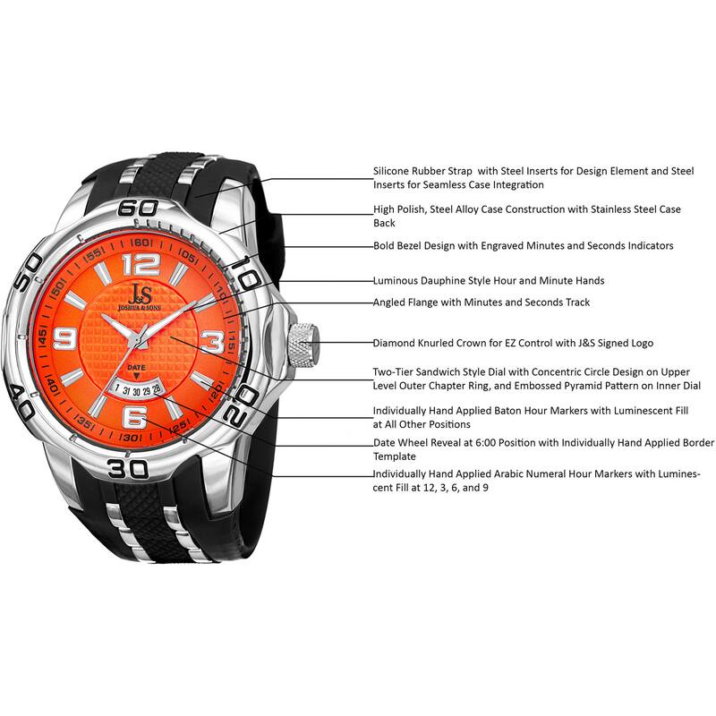 Joshua & Sons Men's Swiss Quartz Diamond Date Orange Strap Watch