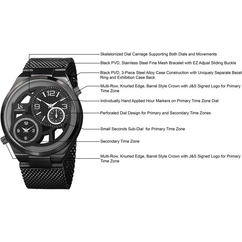 Joshua & Sons Men's Multifunction Stainless Steel Mesh Quartz Black Bracelet Watch
