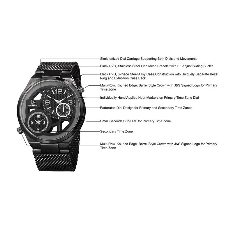 Joshua & Sons Men's Multifunction Stainless Steel Mesh Quartz Black Bracelet Watch
