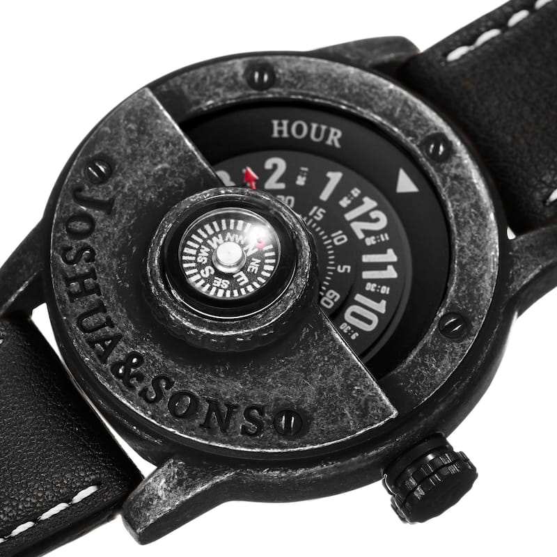 Joshua & Sons Men's Quartz Rotating Wheel Leather Black Strap Watch