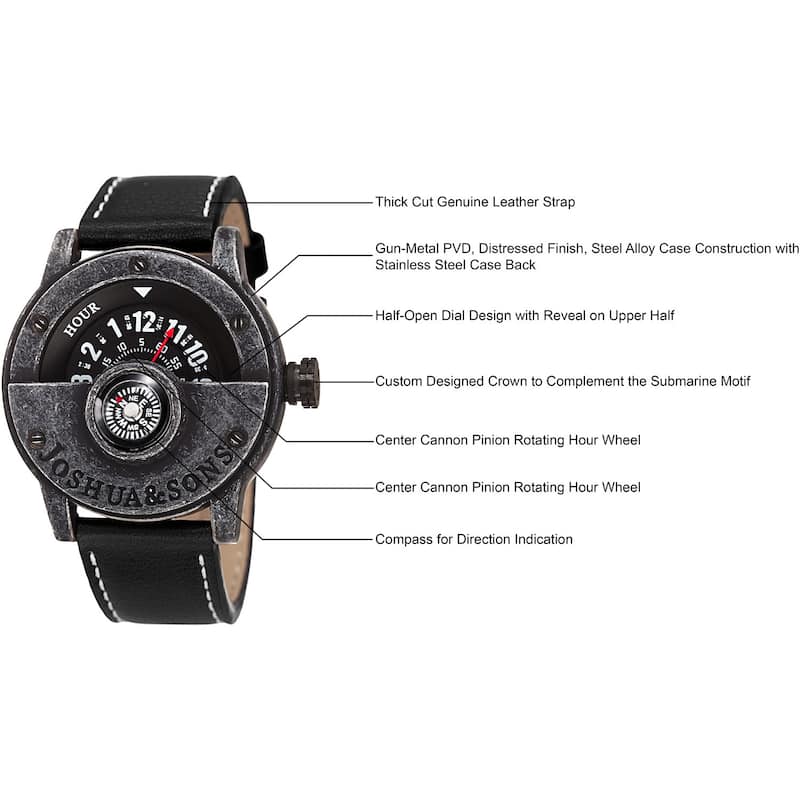 Joshua & Sons Men's Quartz Rotating Wheel Leather Black Strap Watch