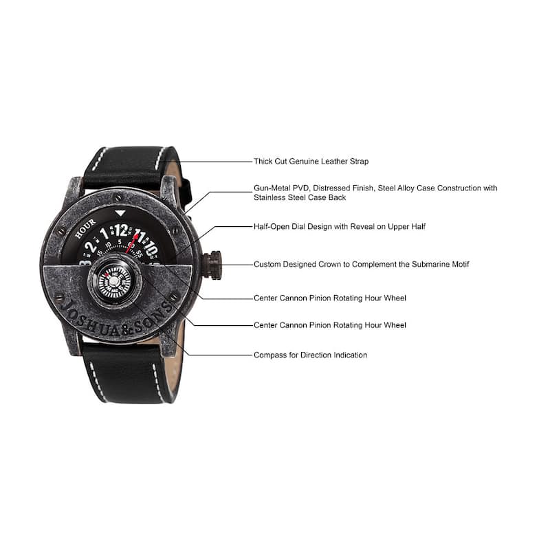 Joshua & Sons Men's Quartz Rotating Wheel Leather Black Strap Watch