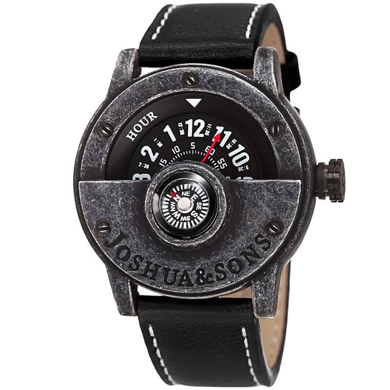 Joshua & Sons Men's Quartz Rotating Wheel Leather Black Strap Watch
