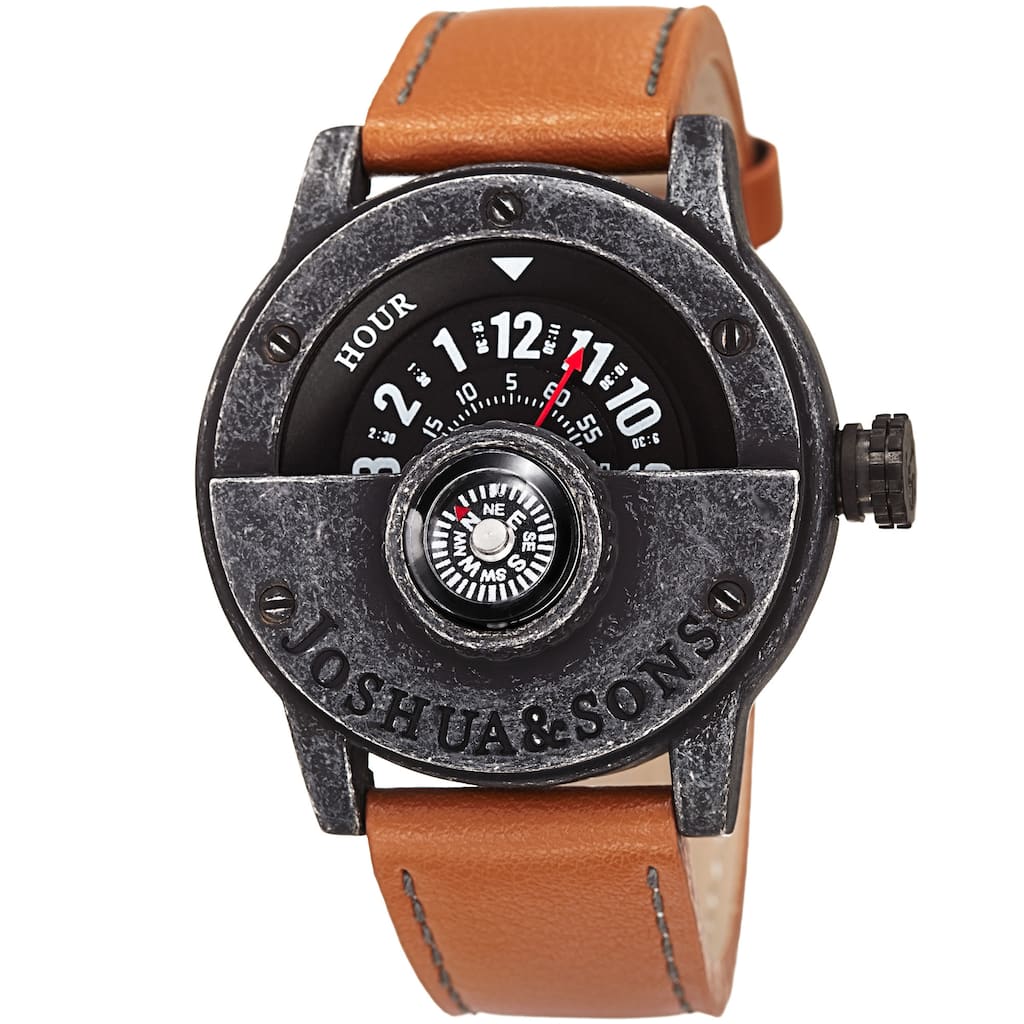 Joshua & Sons Men's Quartz Rotating Wheel Leather Black Strap Watch