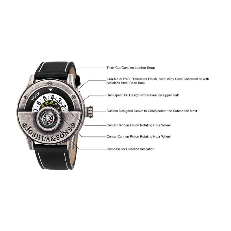 Joshua & Sons Men's Quartz Rotating Wheel Leather Silver-Tone Strap Watch - silver