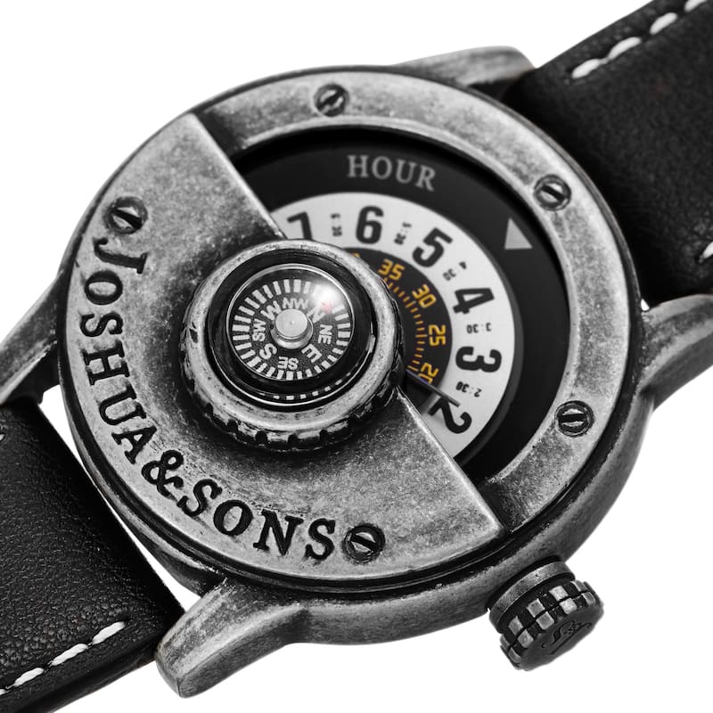 Joshua & Sons Men's Quartz Rotating Wheel Leather Silver-Tone Strap Watch - silver
