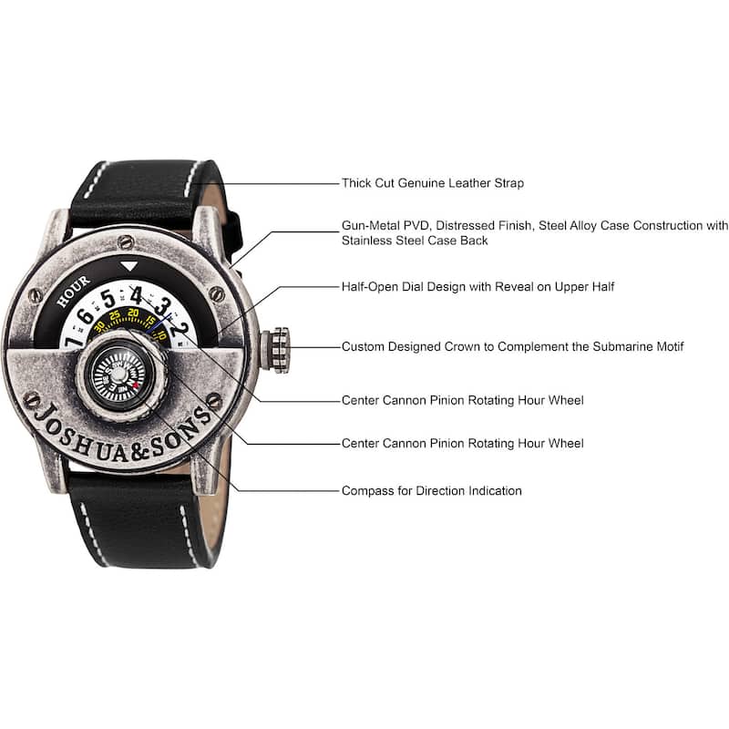 Joshua & Sons Men's Quartz Rotating Wheel Leather Silver-Tone Strap Watch - silver
