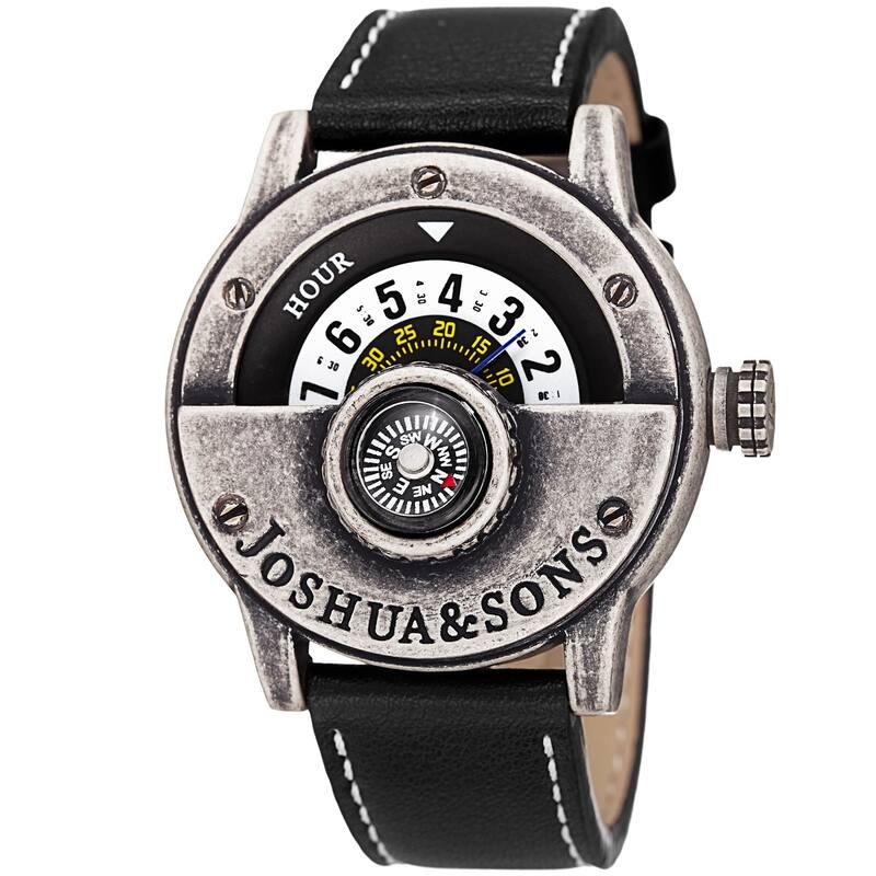 Joshua & Sons Men's Quartz Rotating Wheel Leather Silver-Tone Strap Watch - silver