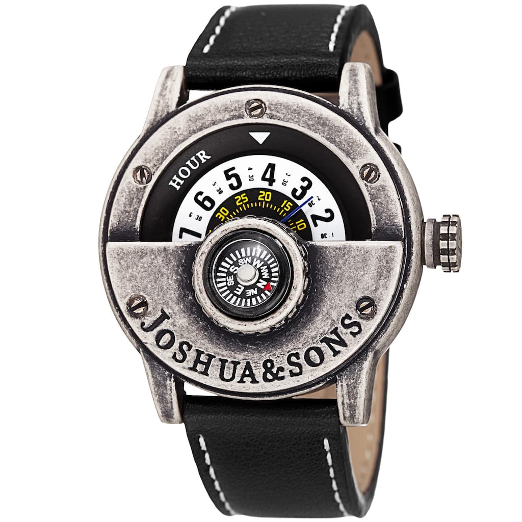 Joshua & Sons Men's Quartz Rotating Wheel Leather Silver-Tone Strap Watch - silver