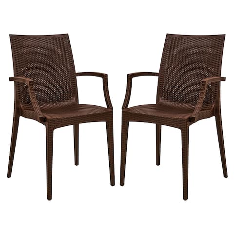LeisureMod Weave Mace Indoor Outdoor Brown Dining Armchair Set of 2