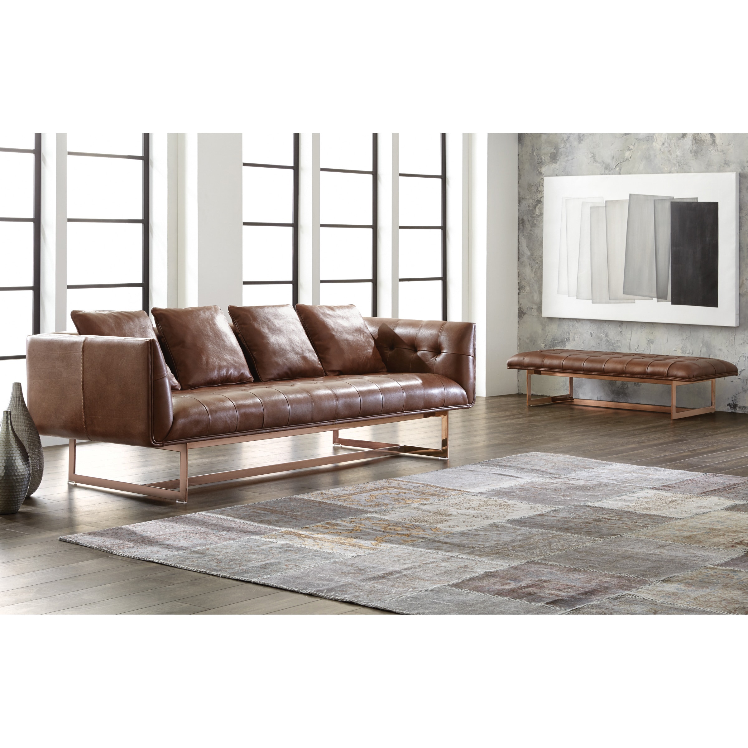 Sunpan Club Matisse Rose Gold Leather Sofa With Pillows Rose Gold Leather Sofa