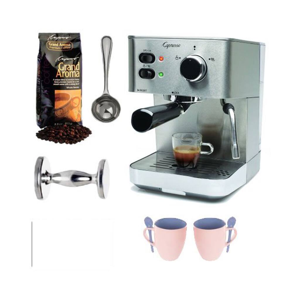 Capresso EC PRO Espresso/Cappuccino Machine + Grand Aroma Whole Bean Espresso, Coffee Measure + Tamper (CD) + (2) Coffee Mugs