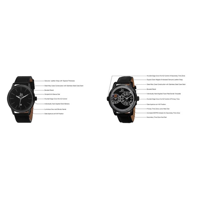 Joshua & Sons Men's Quartz Multifunction Dual Time Leather Black Strap Watch