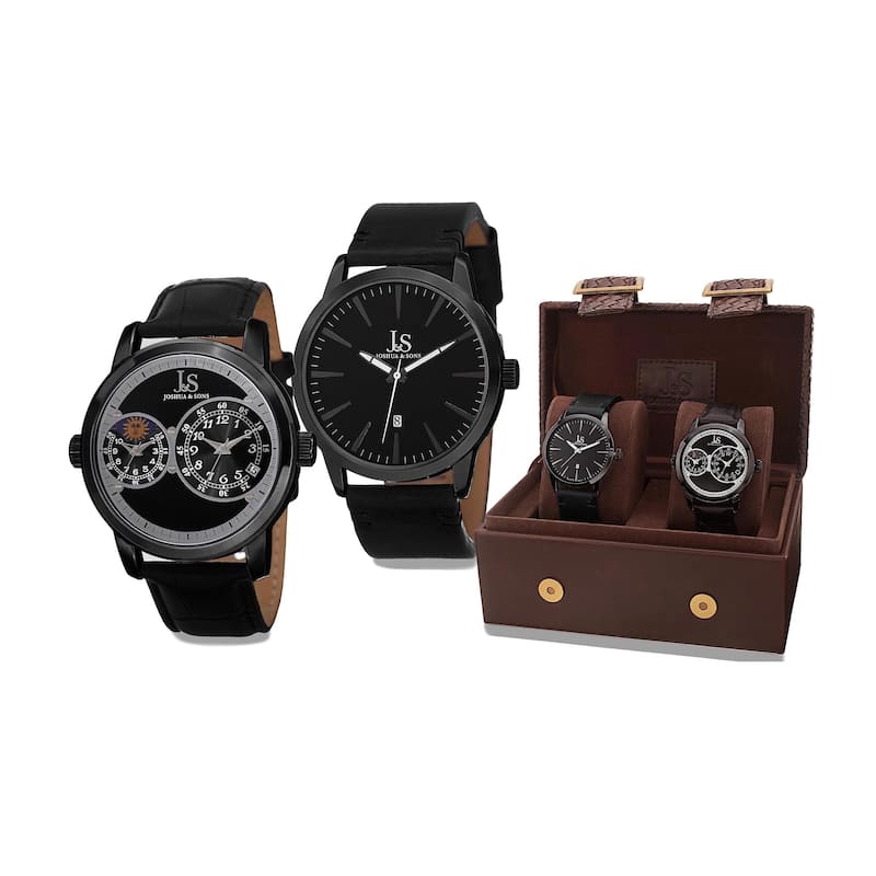 Joshua & Sons Men's Quartz Multifunction Dual Time Leather Black Strap Watch