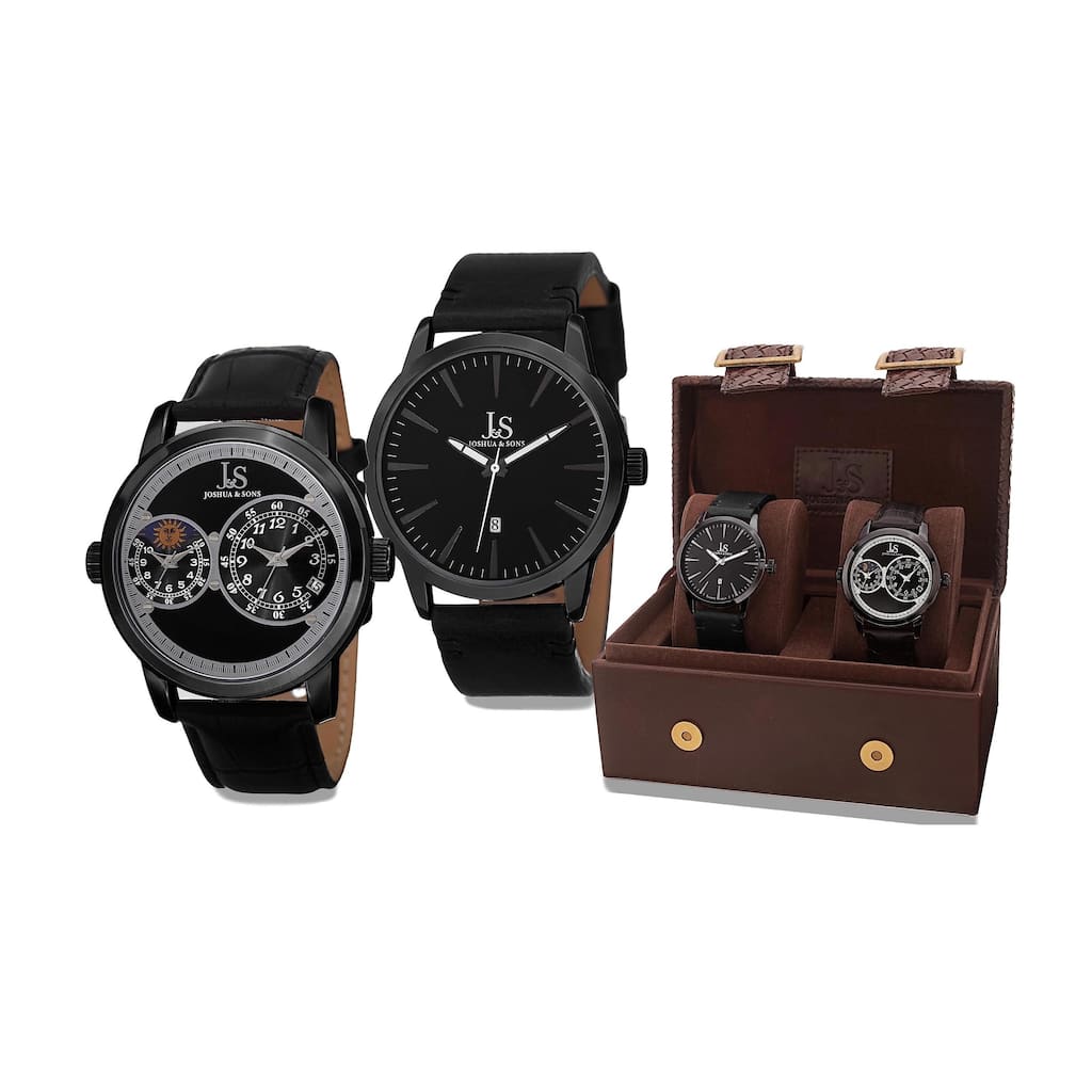 Joshua & Sons Men's Quartz Multifunction Dual Time Leather Black Strap Watch