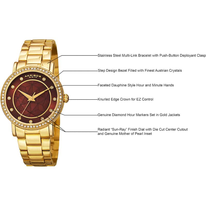 Akribos XXIV Women's Mosaic Printed Dial Quartz Crystal-Accented Gold-Tone Bracelet Watch - brown