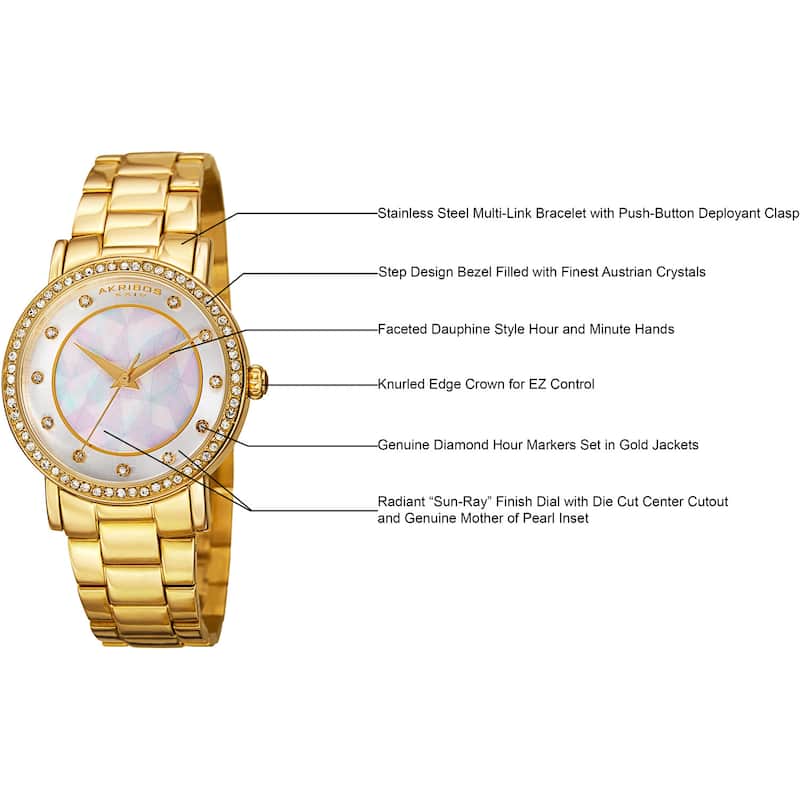 Akribos XXIV Women's Mosaic Printed Dial Quartz Crystal-Accented Gold-Tone Bracelet Watch - Gold