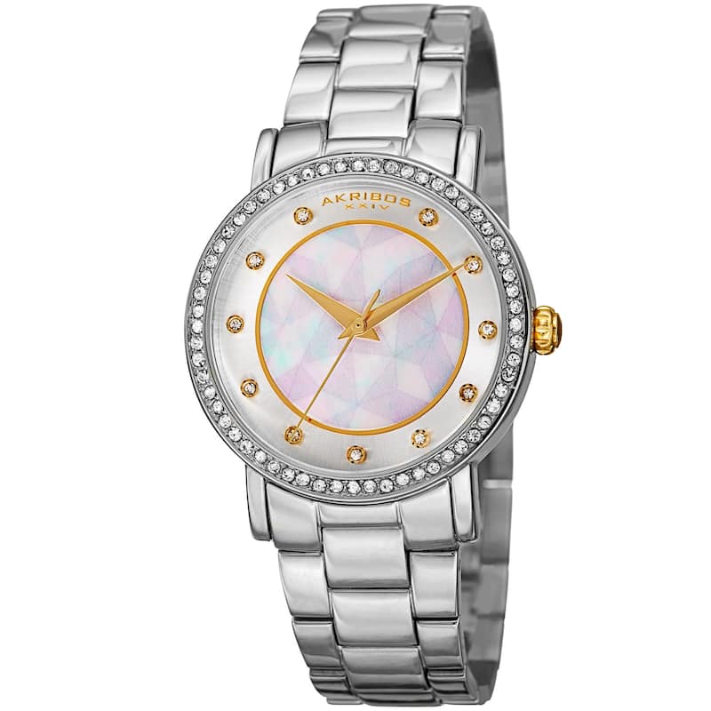 Akribos XXIV Women's Mosaic Printed Dial Quartz Crystal-Accented Silver-Tone Bracelet Watch - silver