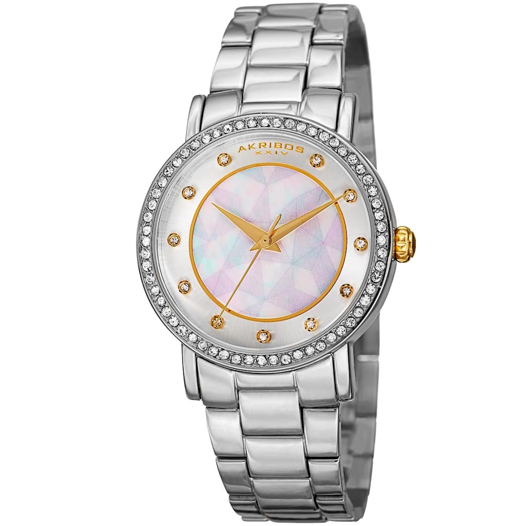 Akribos XXIV Women's Mosaic Printed Dial Quartz Crystal-Accented Silver-Tone Bracelet Watch - silver