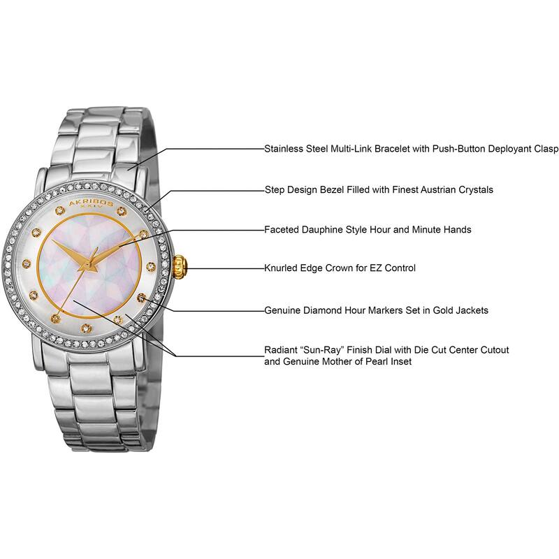 Akribos XXIV Women's Mosaic Printed Dial Quartz Crystal-Accented Silver-Tone Bracelet Watch - silver