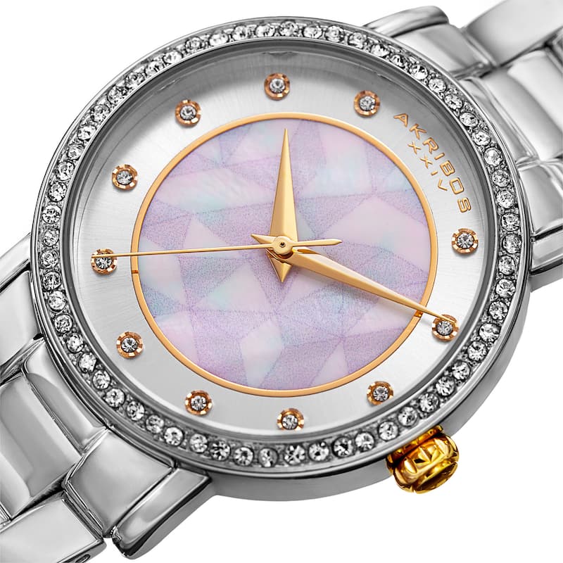 Akribos XXIV Women's Mosaic Printed Dial Quartz Crystal-Accented Silver-Tone Bracelet Watch - silver