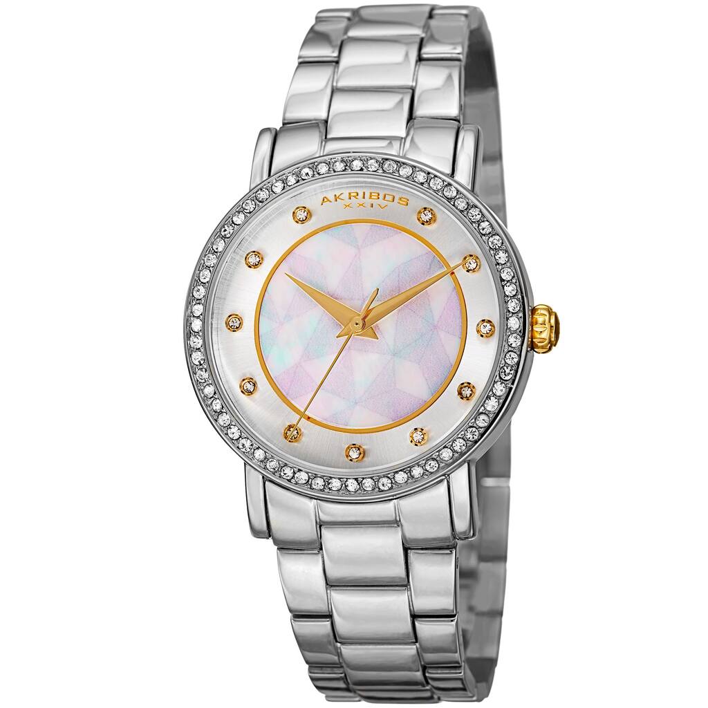Akribos XXIV Women's Mosaic Printed Dial Quartz Crystal-Accented Silver-Tone Bracelet Watch - silver