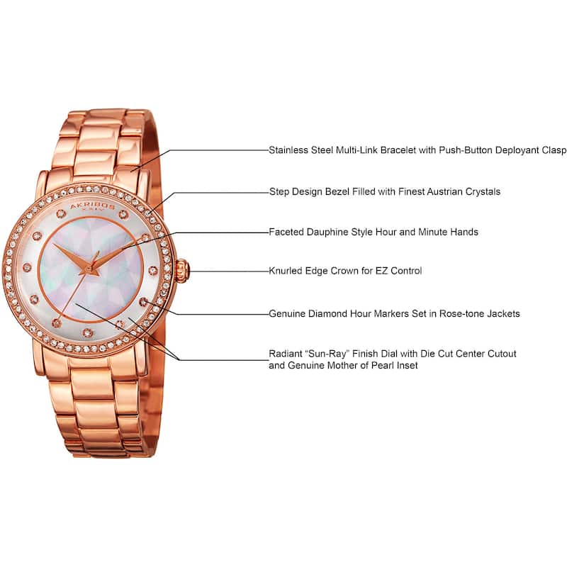 Akribos XXIV Women's Mosaic Printed Dial Quartz Crystal-Accented Rose-Tone Bracelet Watch - Pink