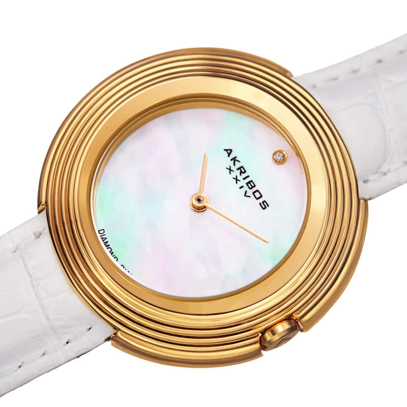 Akribos XXIV Women's Quartz Diamond Leather White Strap Watch