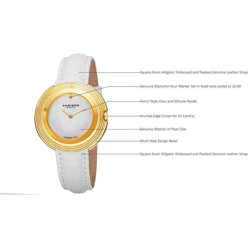 Akribos XXIV Women's Quartz Diamond Leather White Strap Watch