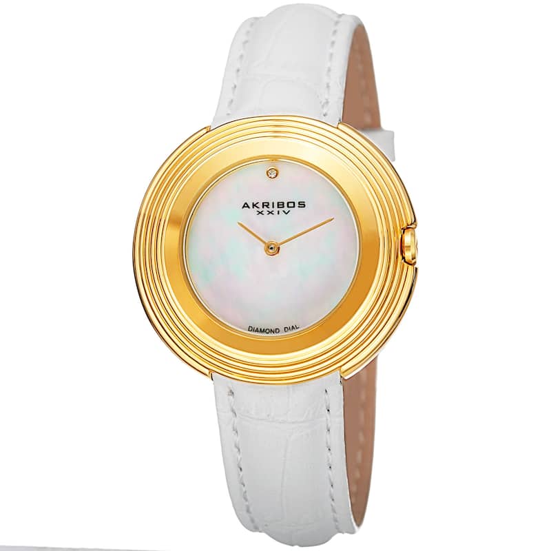 Akribos XXIV Women's Quartz Diamond Leather White Strap Watch