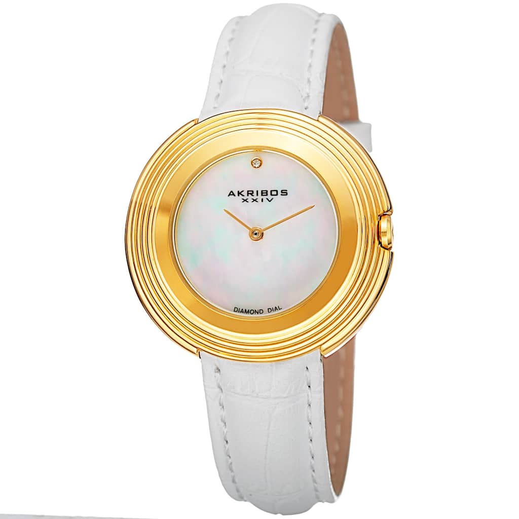 Akribos XXIV Women's Quartz Diamond Leather White Strap Watch